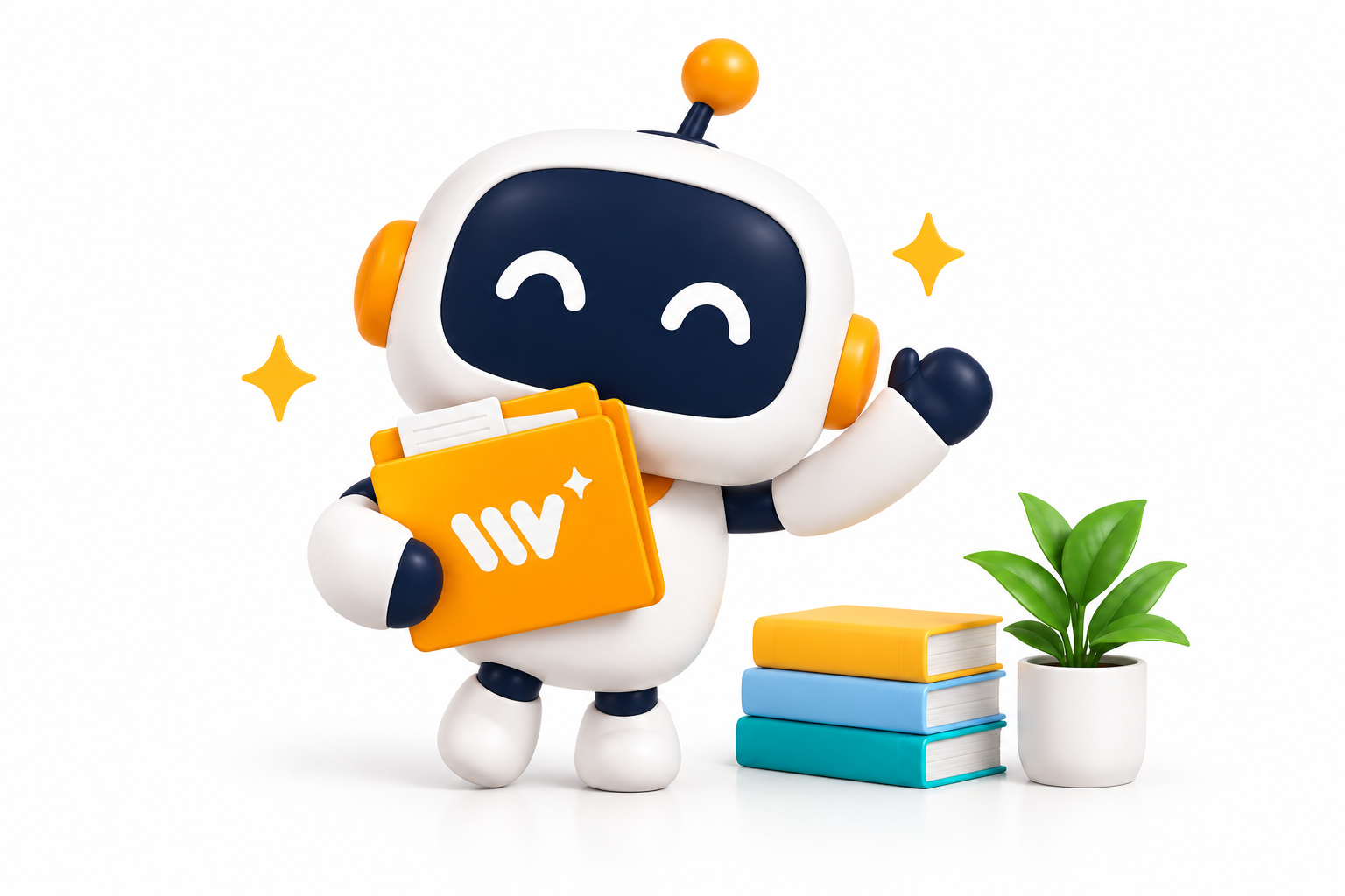 オレンジのフォルダーを抱えて手を振るAIパートナーのワク。そばには本と小さな観葉植物。